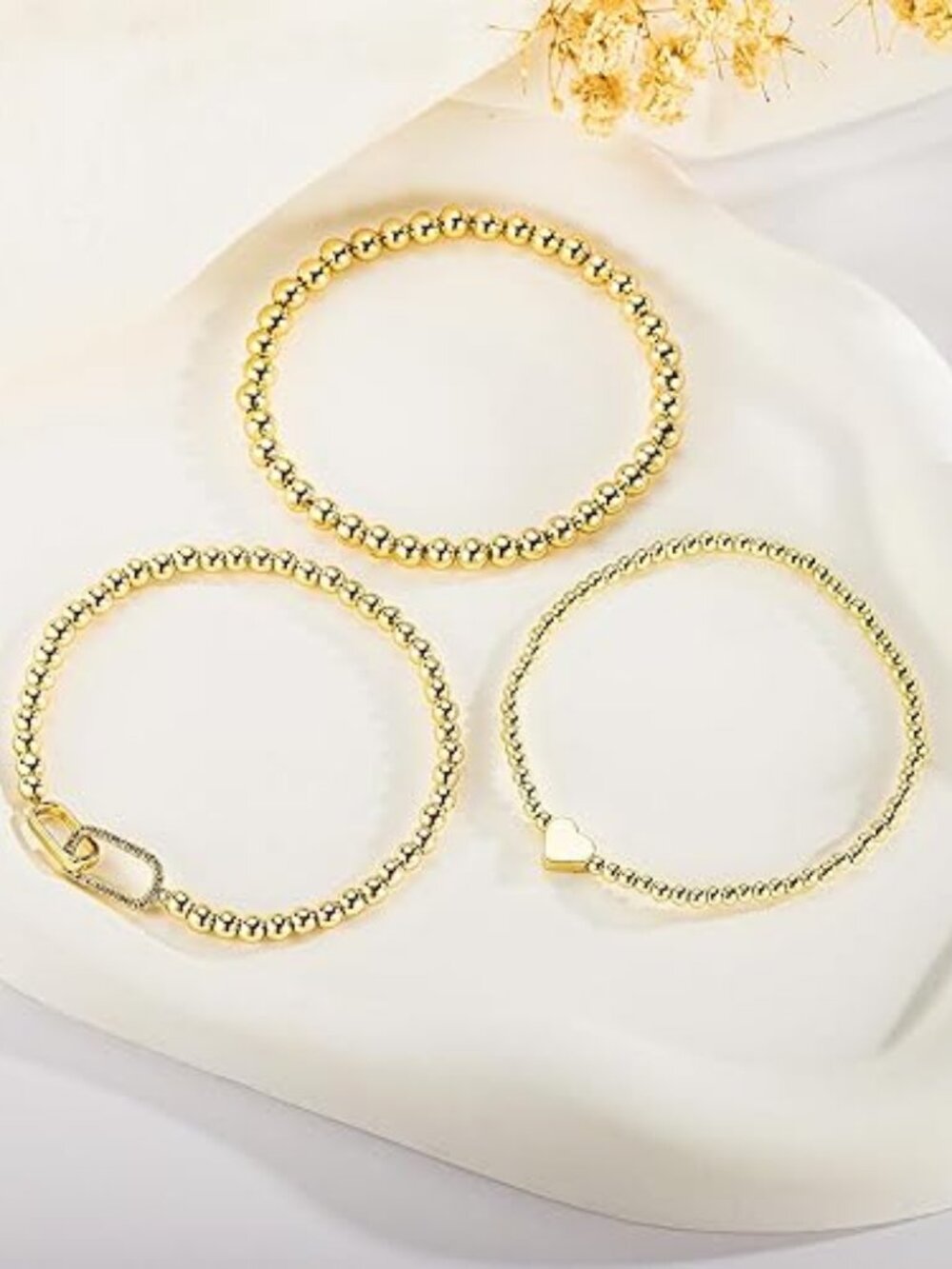 14K Gold Plated Bow Beaded Bracelet Set for Women & Teen Girls | Stackable - Picture 3 of 6